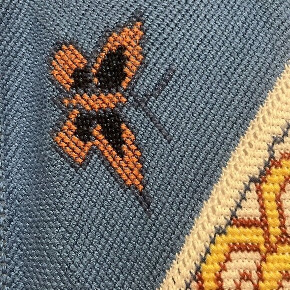 Handmade Afghan Throw Knit Blanket Blue Floral Butterfly Cross Stitch 64 x 54" - Picture 4 of 9